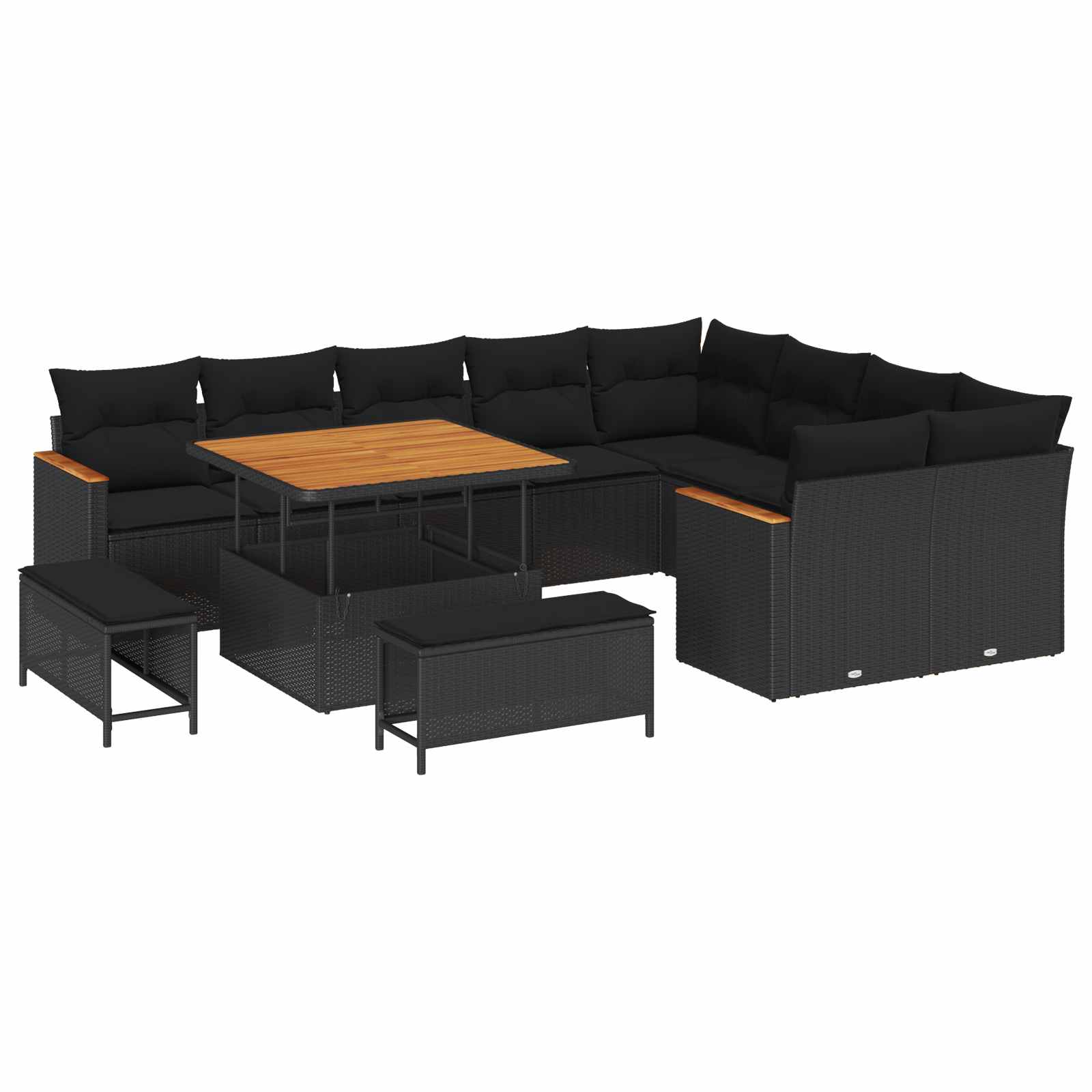 Trädgårdsoffset med kudde med lagring 12 pcs Svart Poly Rattan