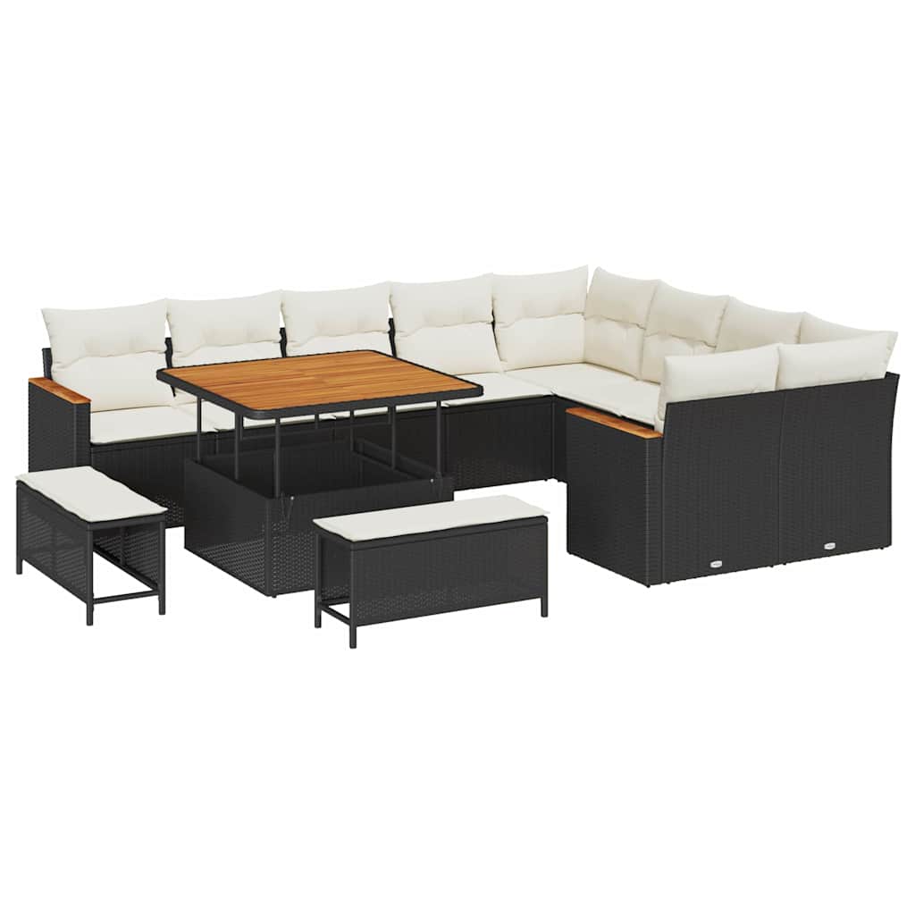 Trädgårdsoffset med kudde med lagring 12 pcs Svart Poly Rattan