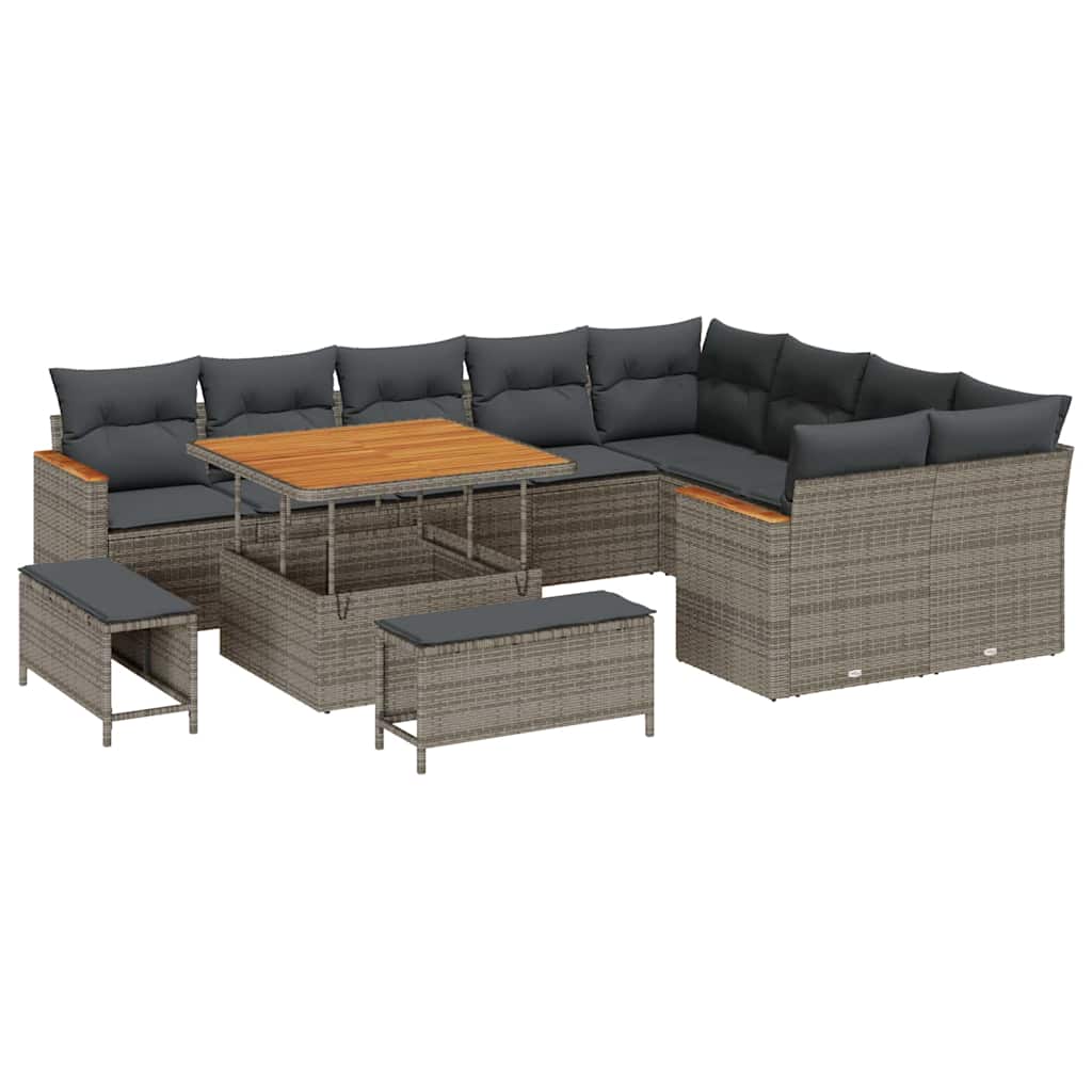 Trädgårdsoffset med kudde med lagring 12 pcs Grå Poly Rattan