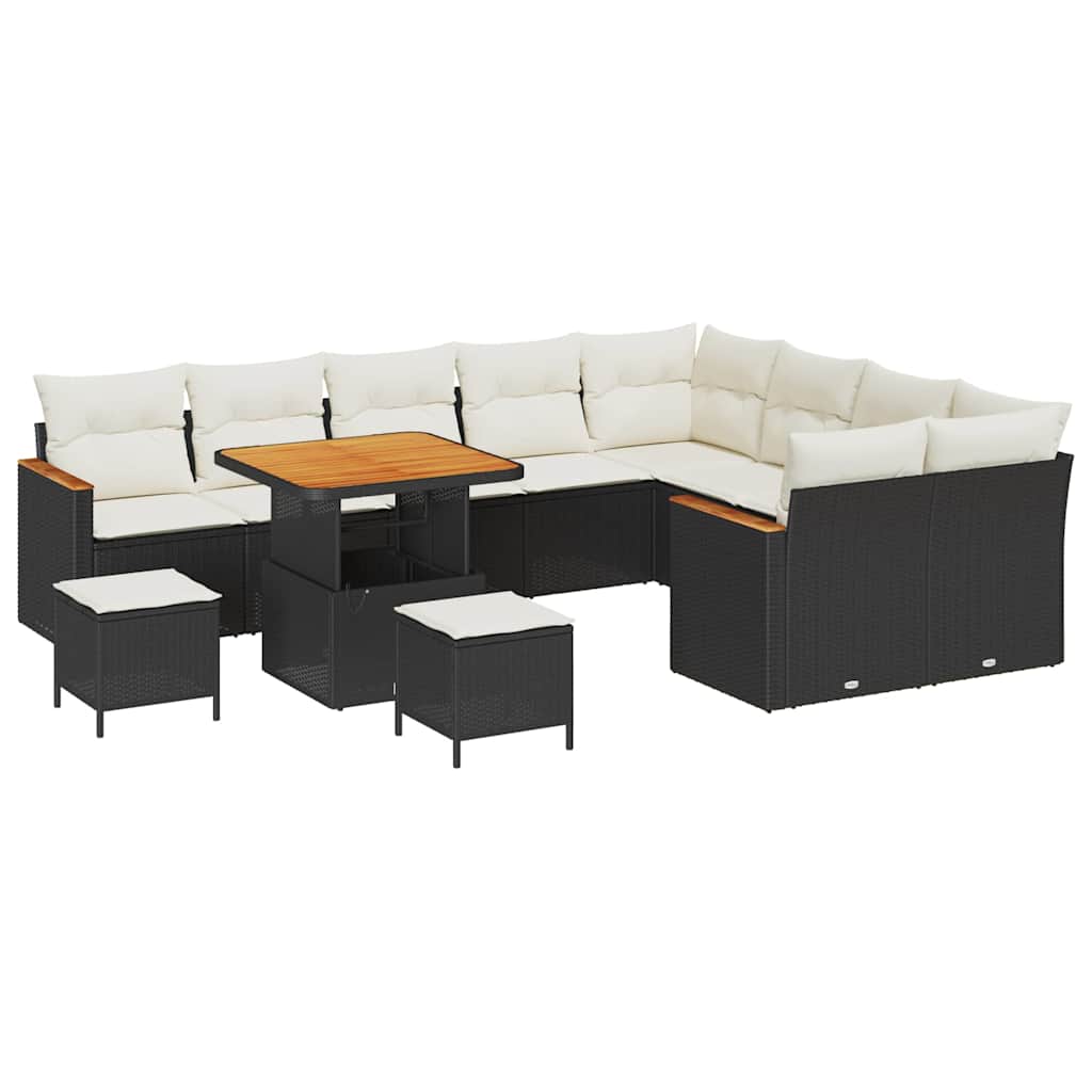 Trädgårdsoffset med kudde med lagring 12 pcs Svart Poly Rattan