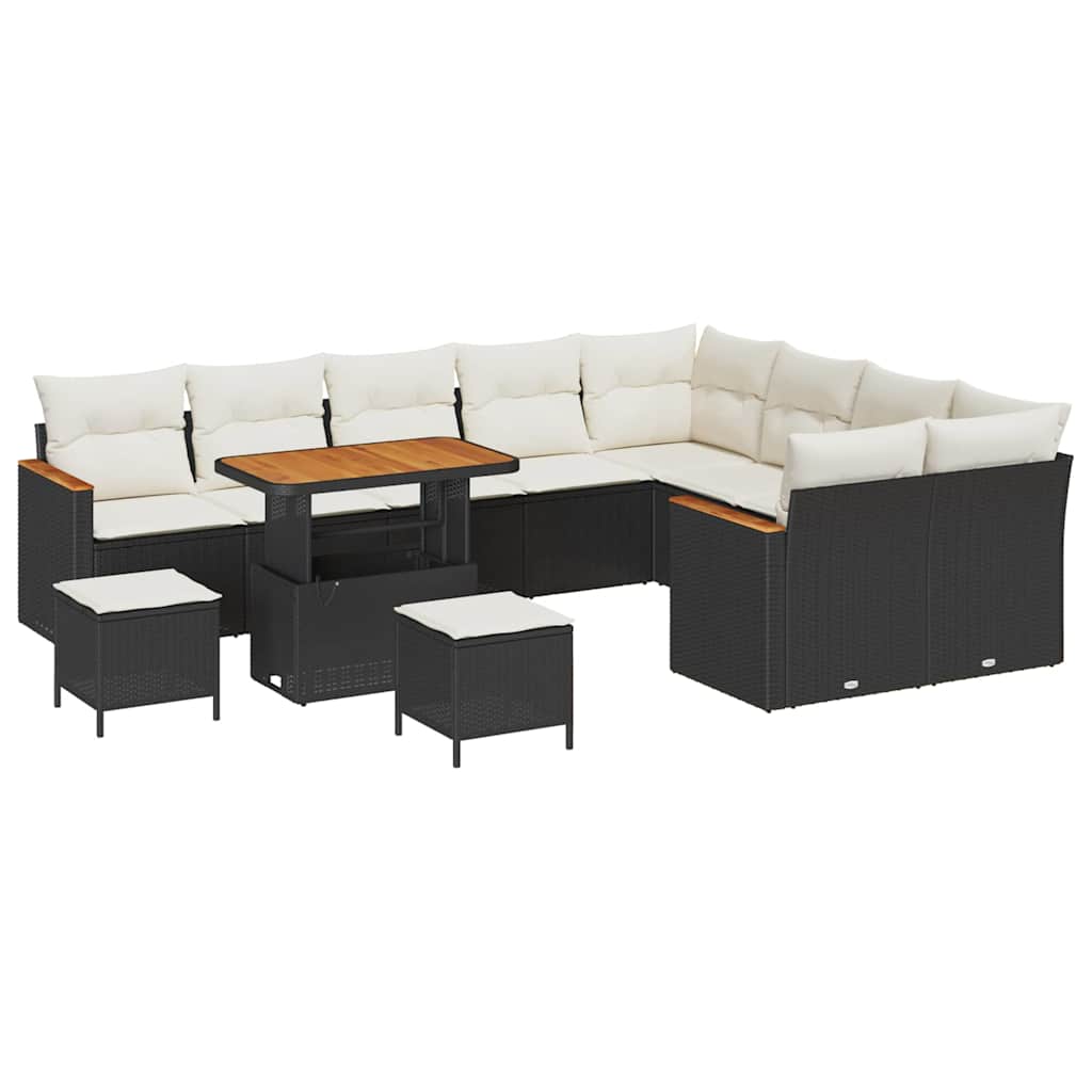 Trädgårdsoffset med kudde med lagring 12 pcs Svart Poly Rattan
