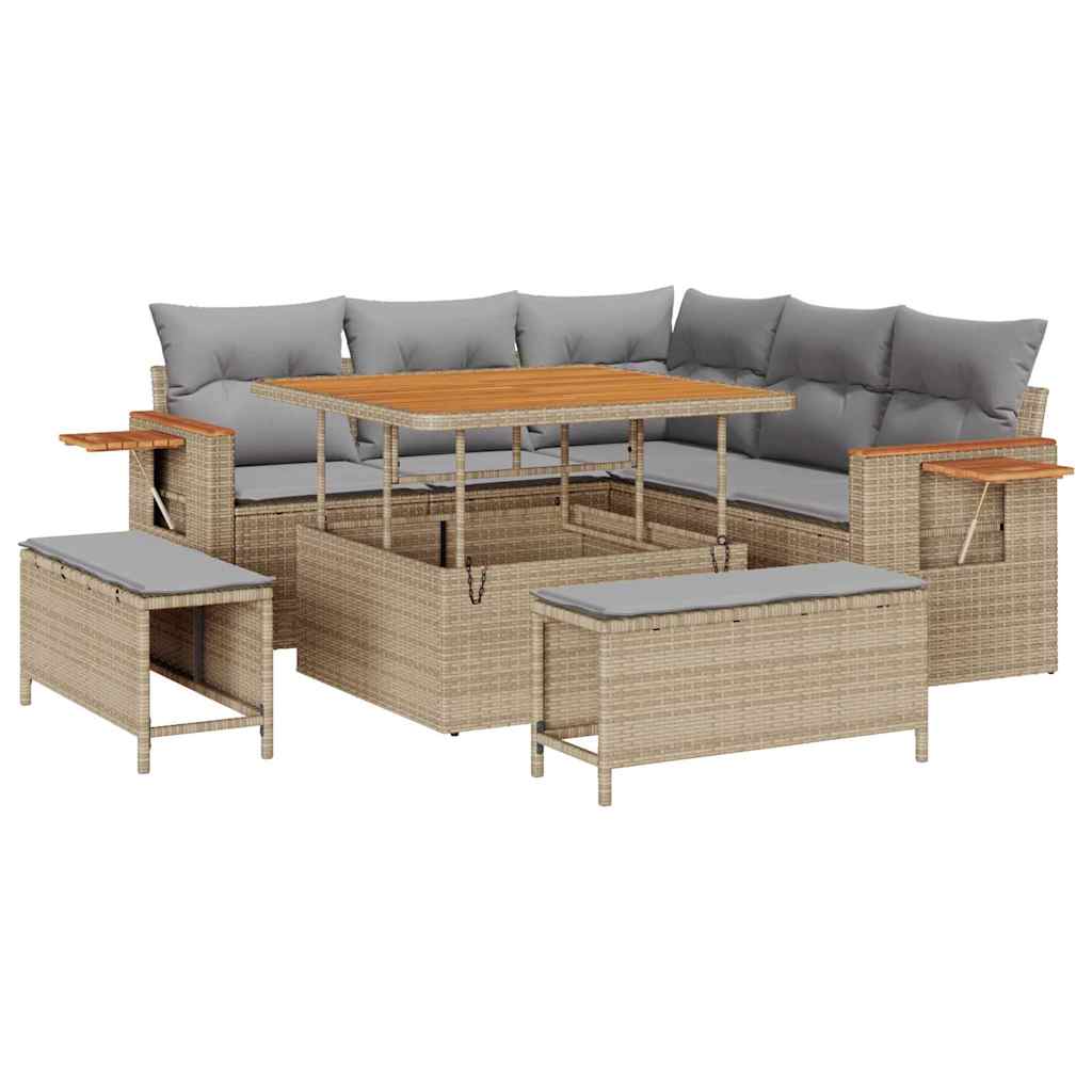 Trädgårdsoffset med kudde 9 pcs Beige och Ljusgrå konstrotting