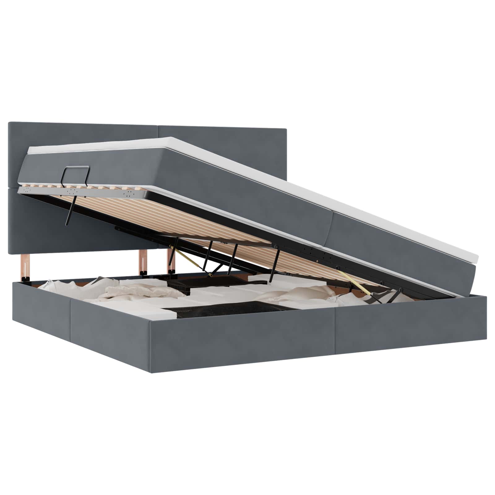 Förvaringssäng med LED med madrass Mörkgrå 200 x 200 cm Sammet