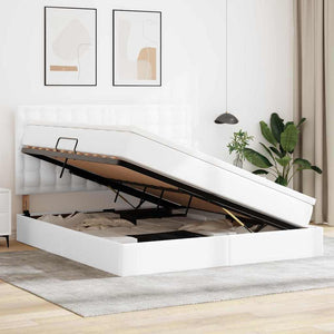 Förvaringssäng med LED Ren Vit 160 x 200 cm Konstläder
