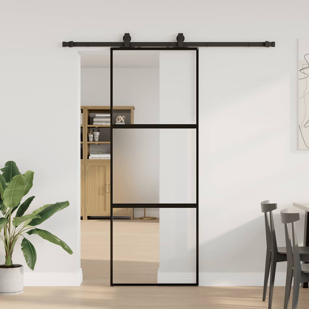Skjutdörr med beslag svart 76x205 cm härdat glas