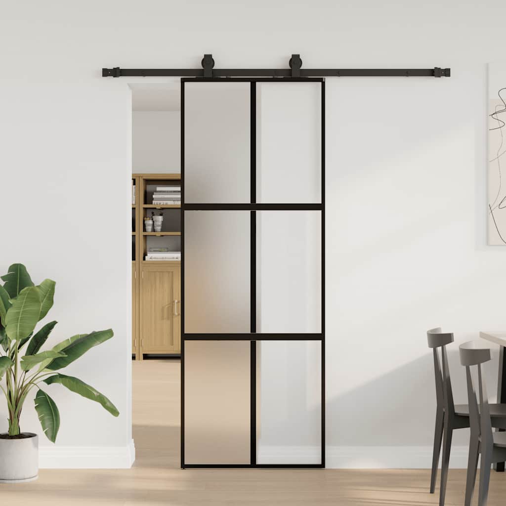 Skjutdörr med beslag svart 76x205 cm härdat glas