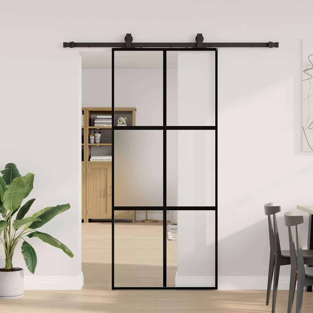 Skjutdörr med beslagssats svart 90x205 cm härdat glas
