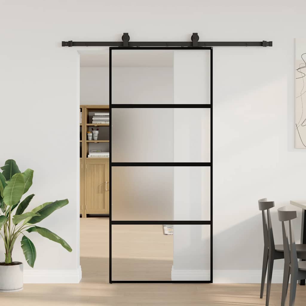 Skjutdörr med beslagssats svart 90x205 cm härdat glas