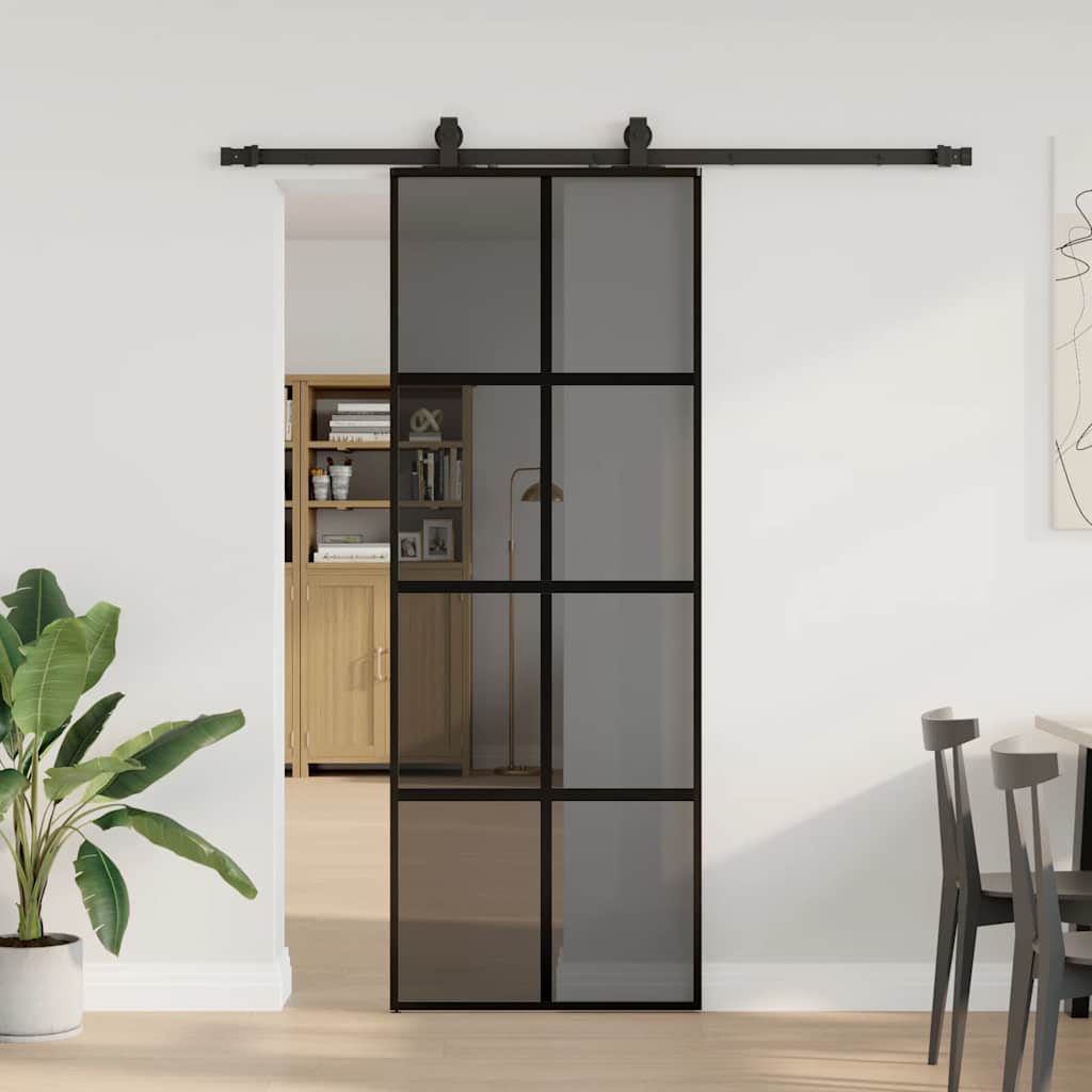 Skjutdörr med beslag svart 76x205 cm härdat glas