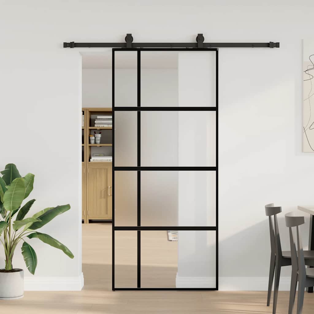 Skjutdörr med beslagssats svart 90x205 cm härdat glas