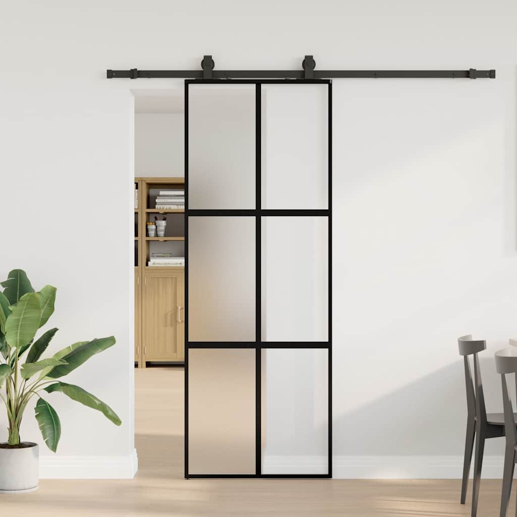 Skjutdörr med beslag svart 76x205 cm härdat glas