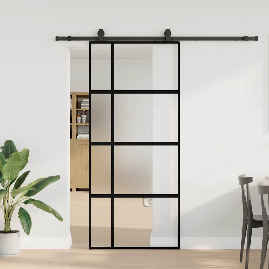 Skjutdörr med beslagssats svart 90x205 cm härdat glas