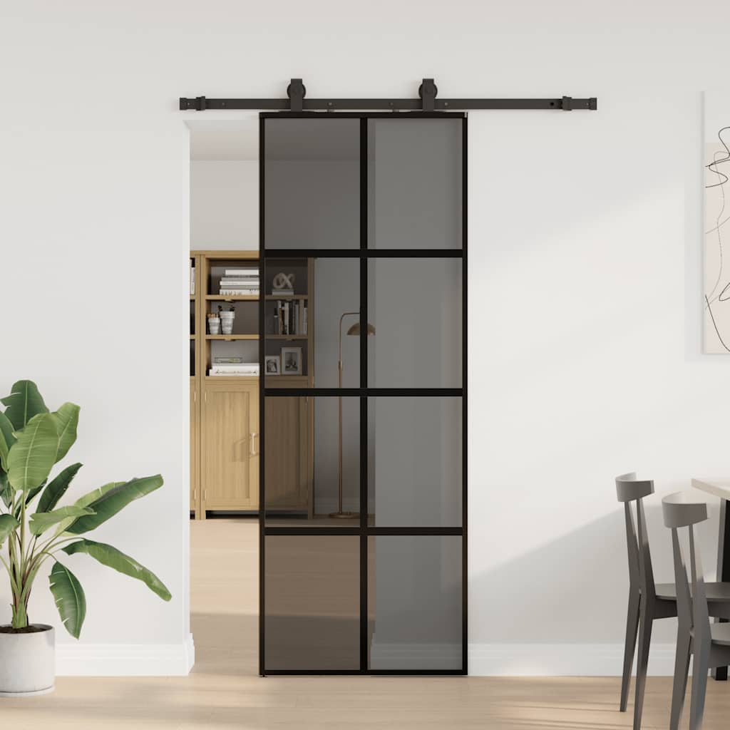 Skjutdörr med beslag svart 76x205 cm härdat glas