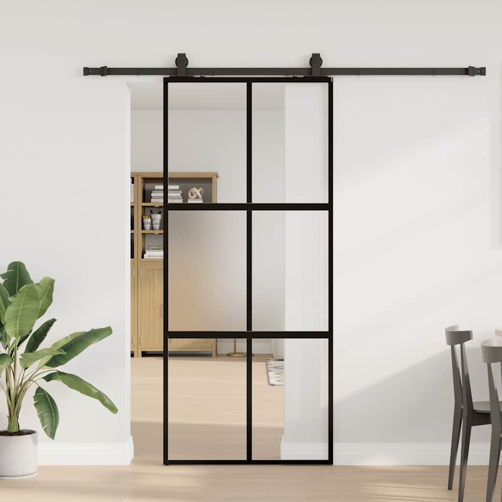 Skjutdörr med beslagssats svart 90x205 cm härdat glas