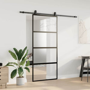 Skjutdörr med beslagssats svart 90x205 cm härdat glas