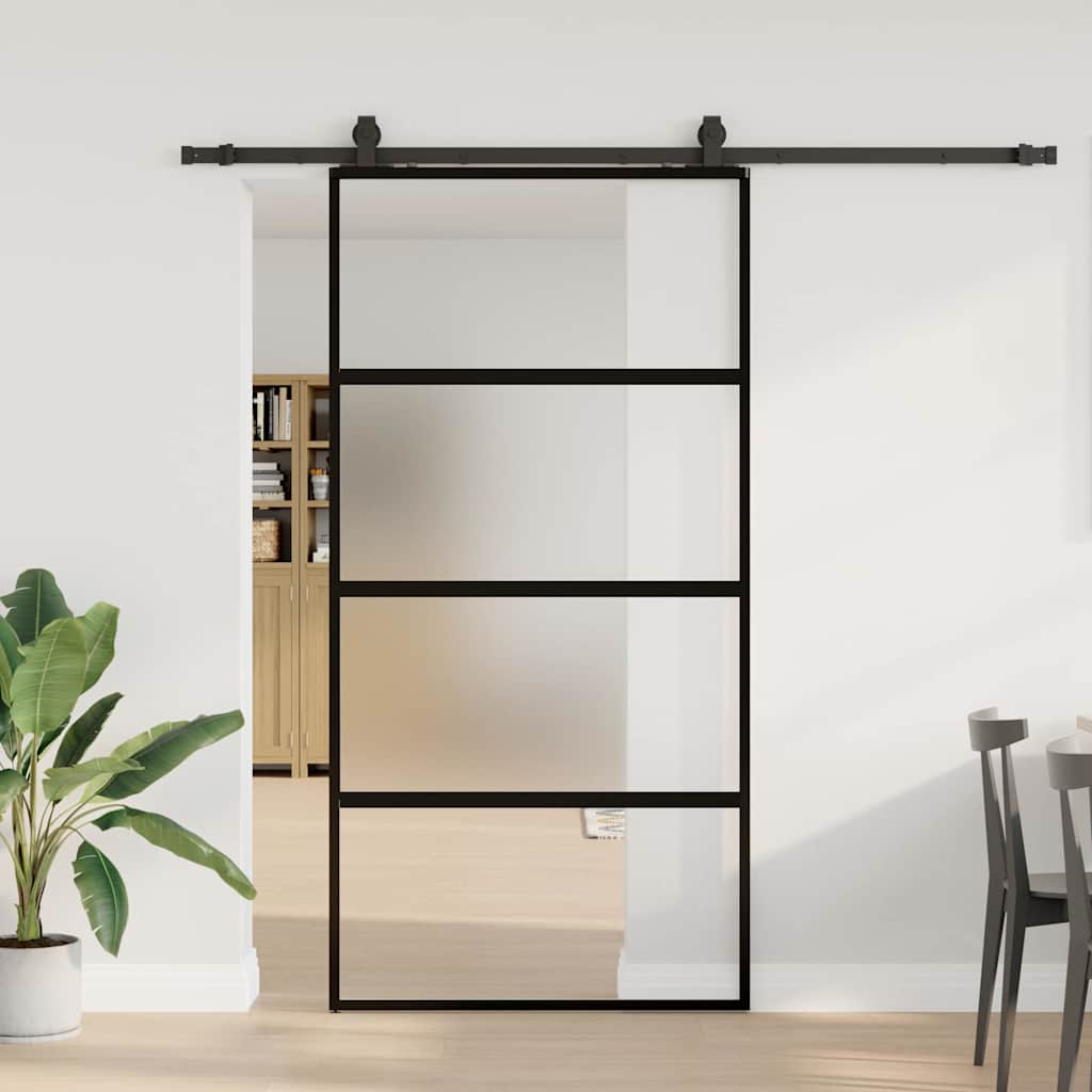 Skjutdörr med beslag svart 102,5x205 cm härdat glas