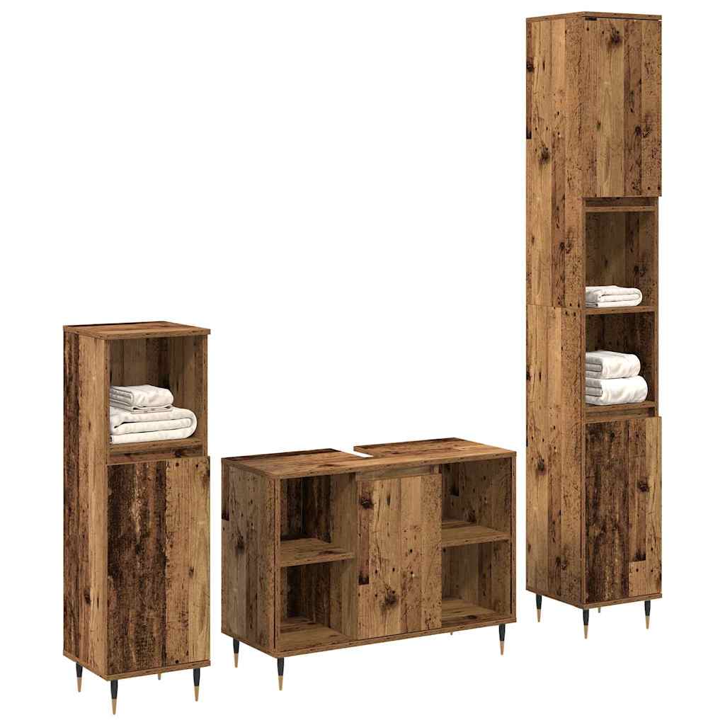 Badrumsmöbelset med hylla 3 pcs Gammalt trä Konstruerat trä