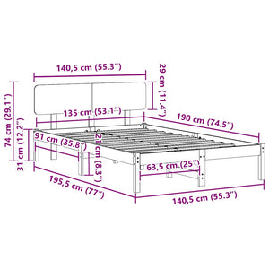 Sängram med huvudgavel Naturfärg 135 x 190 cm Massiv furu