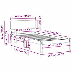 Sängram med huvudgavel Vaxbrun 90 x 190 cm Massiv furu