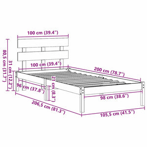 Sängram med huvudgavel Brun 100 x 200 cm Massivt tallträ