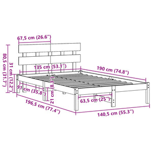 Sängram med huvudgavel Brun 135 x 190 cm Massivt tallträ