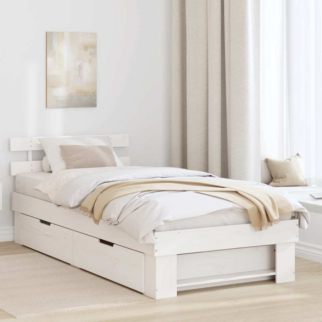 Sängram med huvudgavel med låda Vit 90 x 200 cm Massiv furu