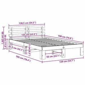 Sängram med huvudgavel Vit 135 x 190 cm Massiv furu