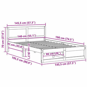 Sängram med huvudgavel Naturfärg 140 x 190 cm Massiv furu