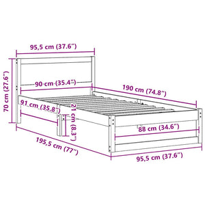 Sängram med huvudgavel Naturfärg 90 x 190 cm Massiv furu