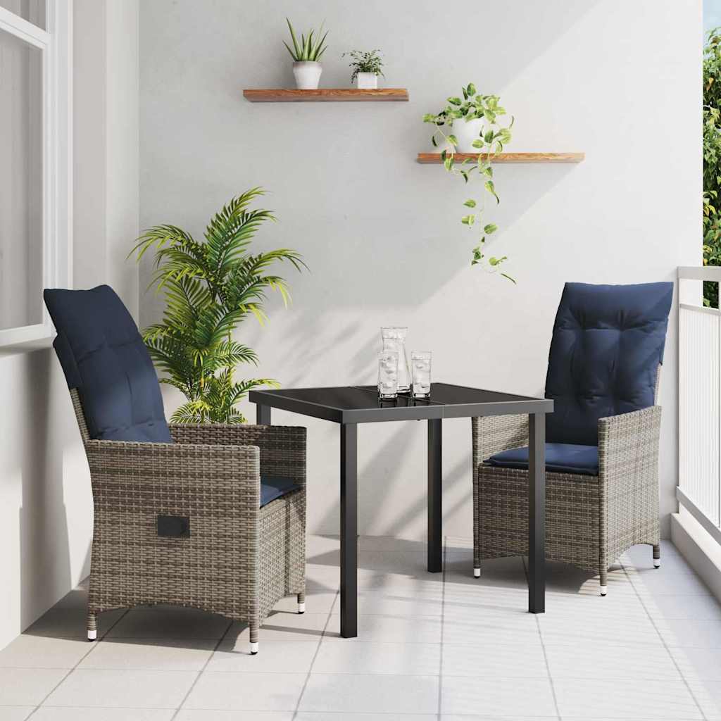 Bord- och stolset med kudde 3 pcs Grå PE Rattan