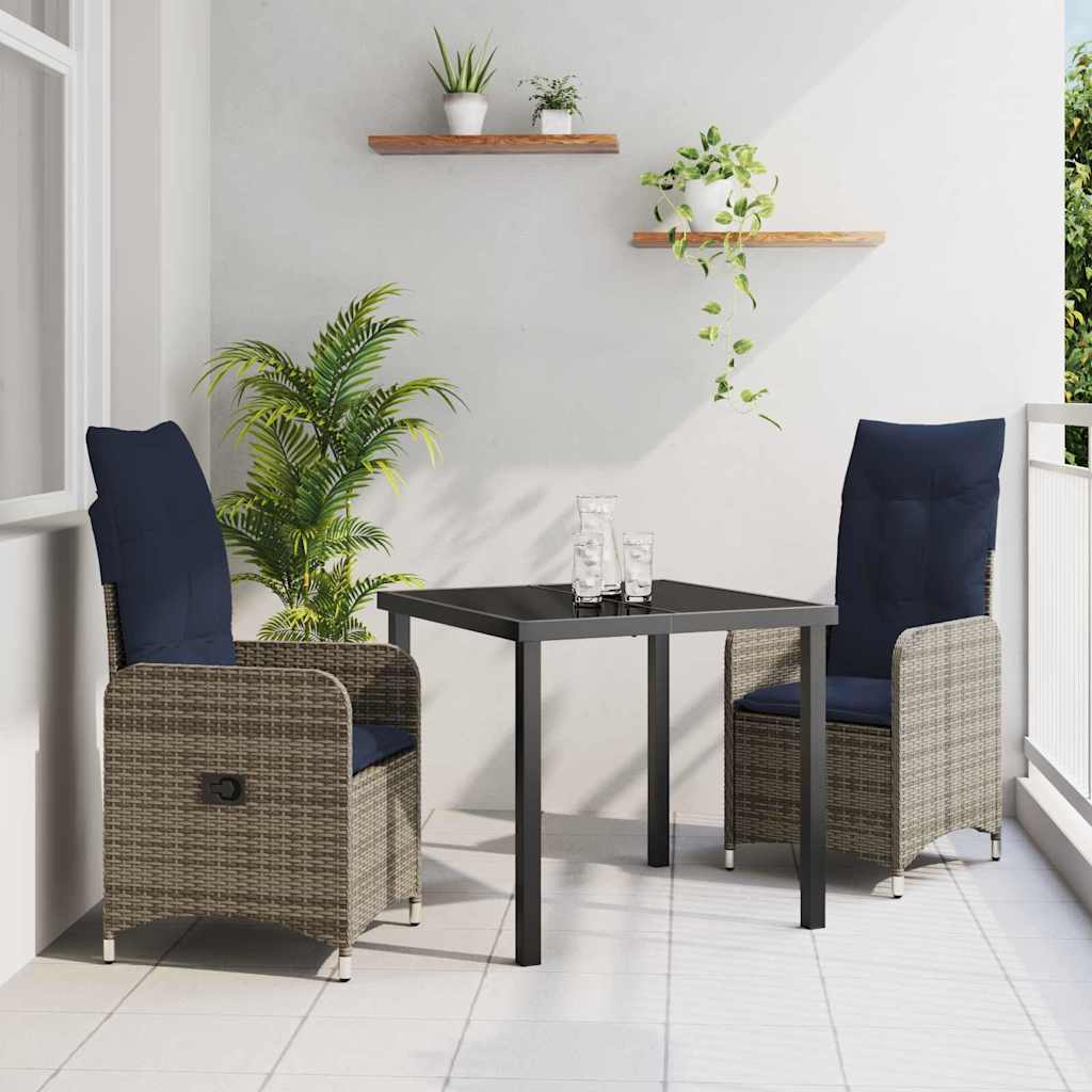 Bord- och stolset med kudde 3 pcs Grå PE Rattan