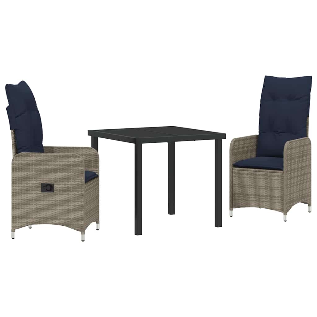 Bord- och stolset med kudde 3 pcs Grå PE Rattan