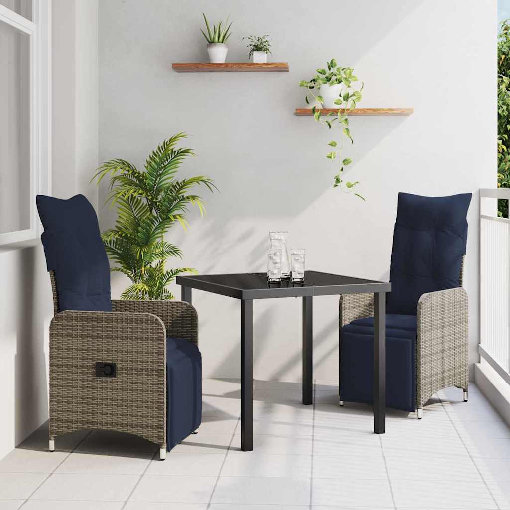 Bord- och stolset med kudde 3 pcs Grå PE Rattan