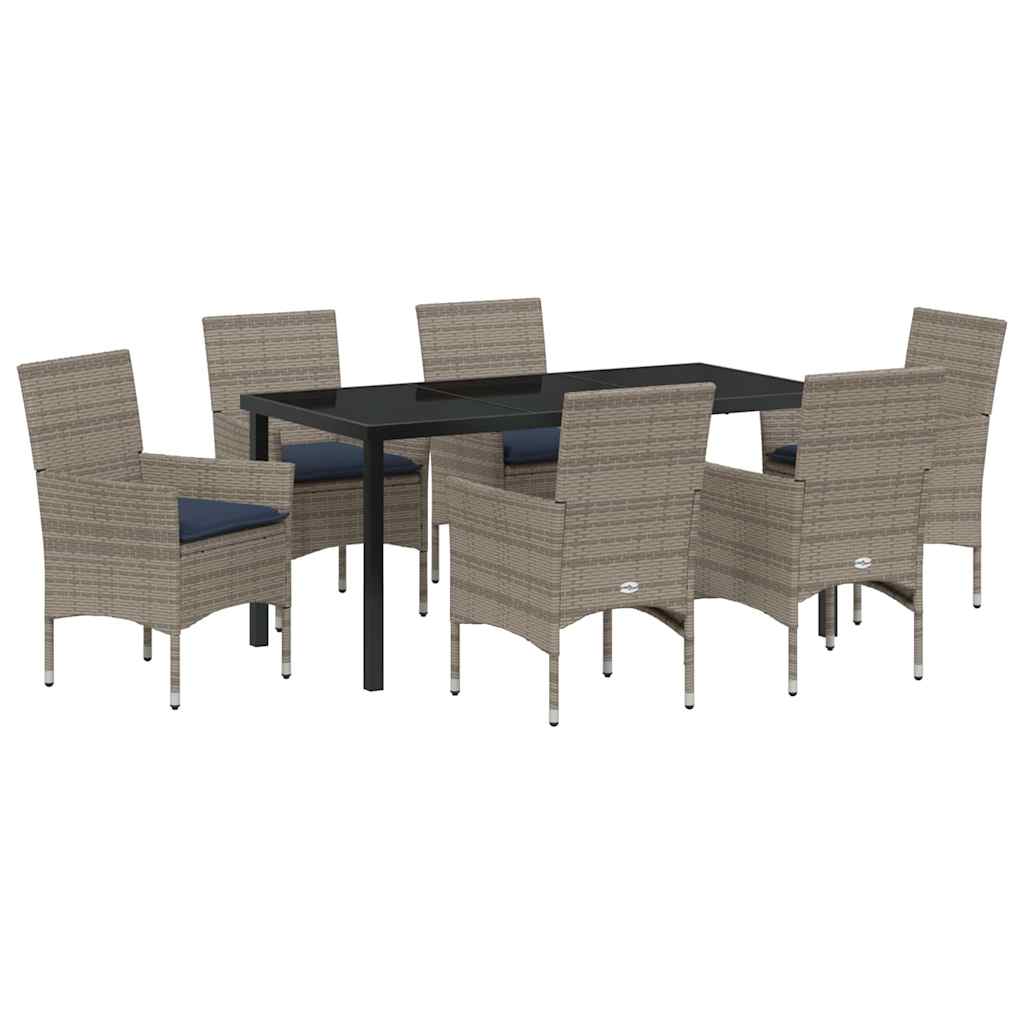 Bord- och stolset med kudde 7 pcs Grå PE Rattan
