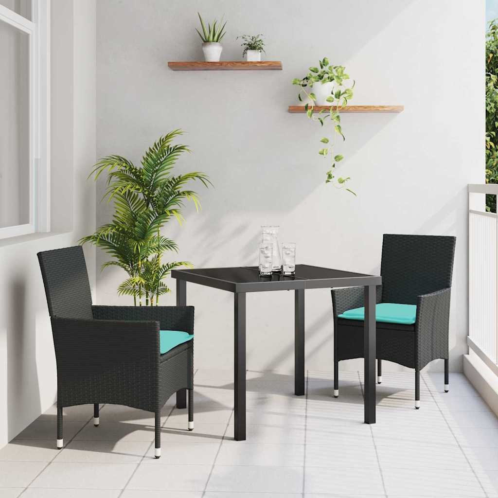 Bord- och stolset med kudde 3 pcs Svart PE Rattan