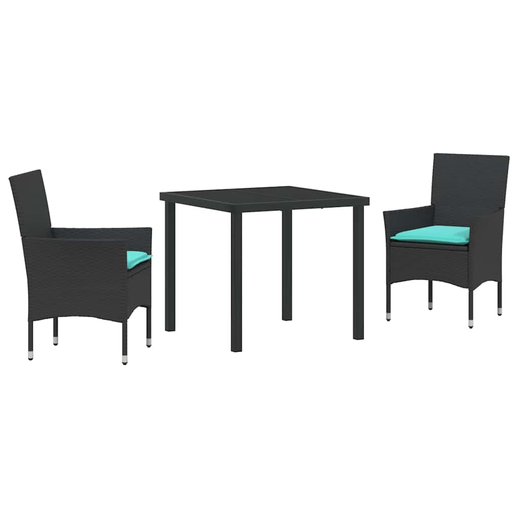 Bord- och stolset med kudde 3 pcs Svart PE Rattan