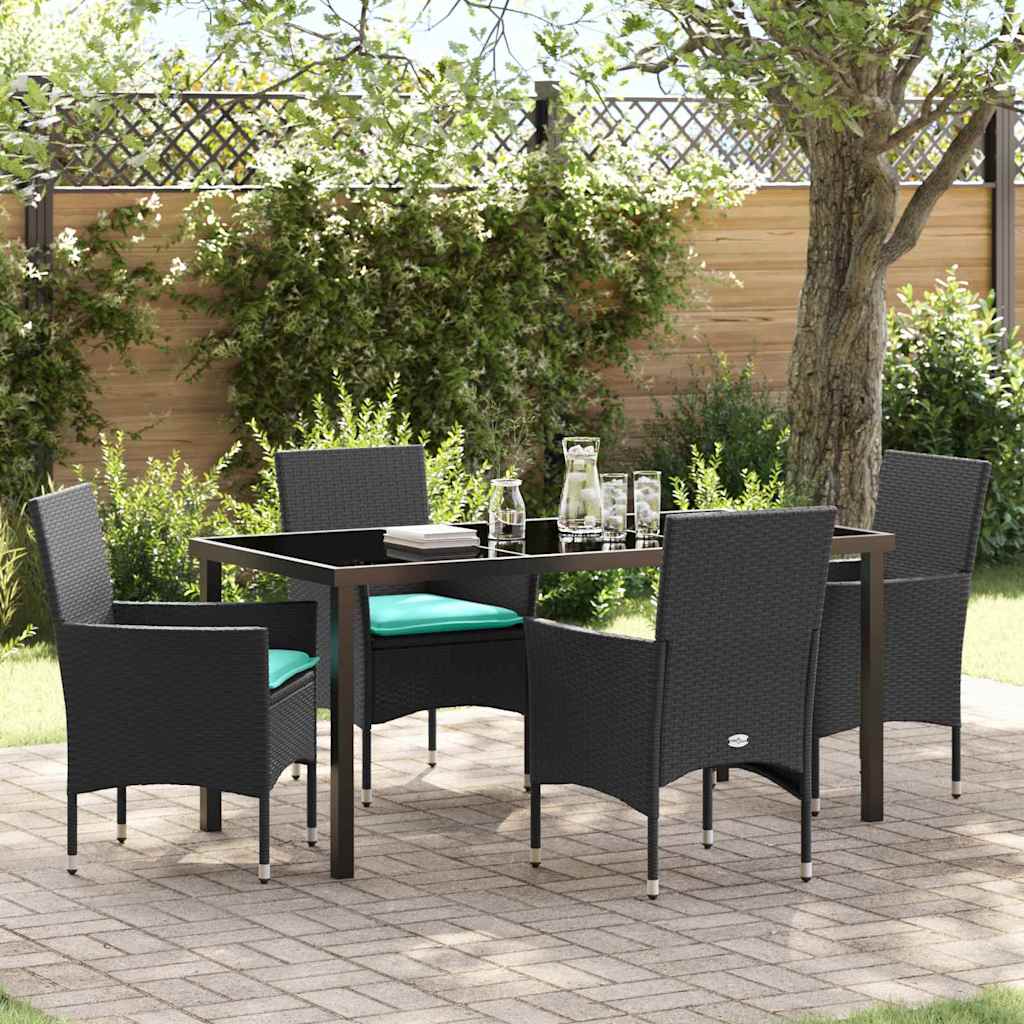 Bord- och stolset med kudde 5 pcs Svart PE Rattan