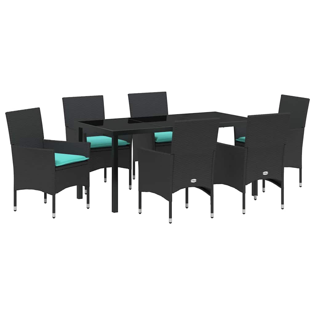 Bord- och stolset med kudde 7 pcs Svart PE Rattan