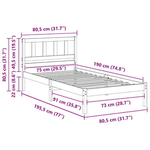 Sängram med huvudgavel Vit 75 x 190 cm Massiv furu