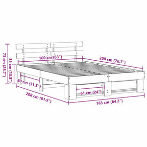 Sängram med huvudgavel Brun 160 x 200 cm Massiv furu