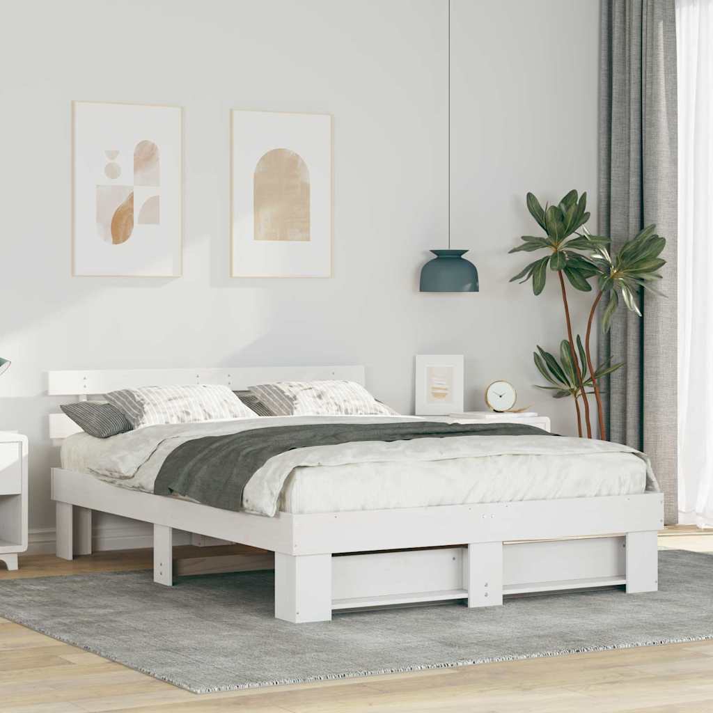 Sängram med huvudgavel Vit 160 x 200 cm Massiv furu