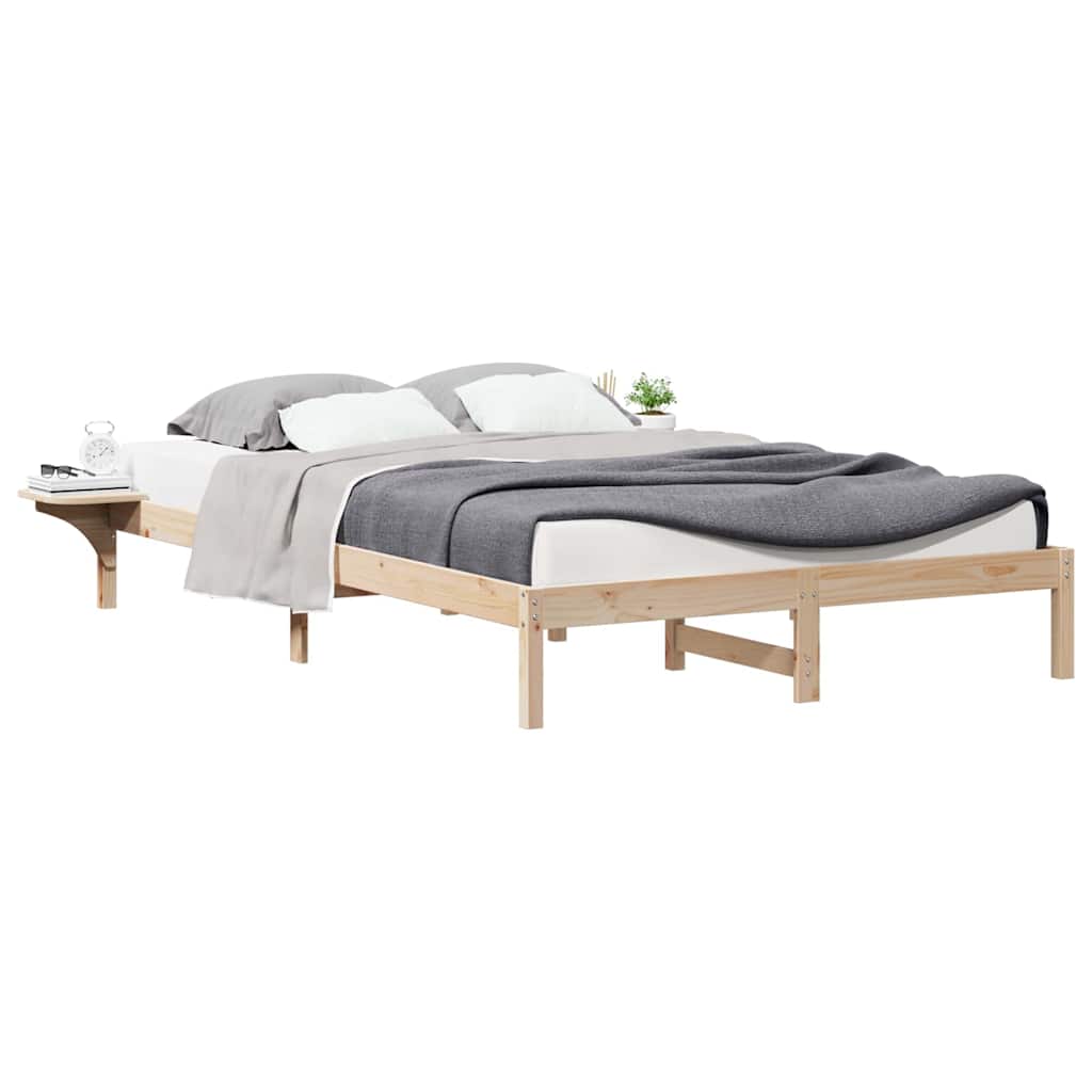 Sängram med sidobord Naturfärg 140 x 210 cm Massiv furu
