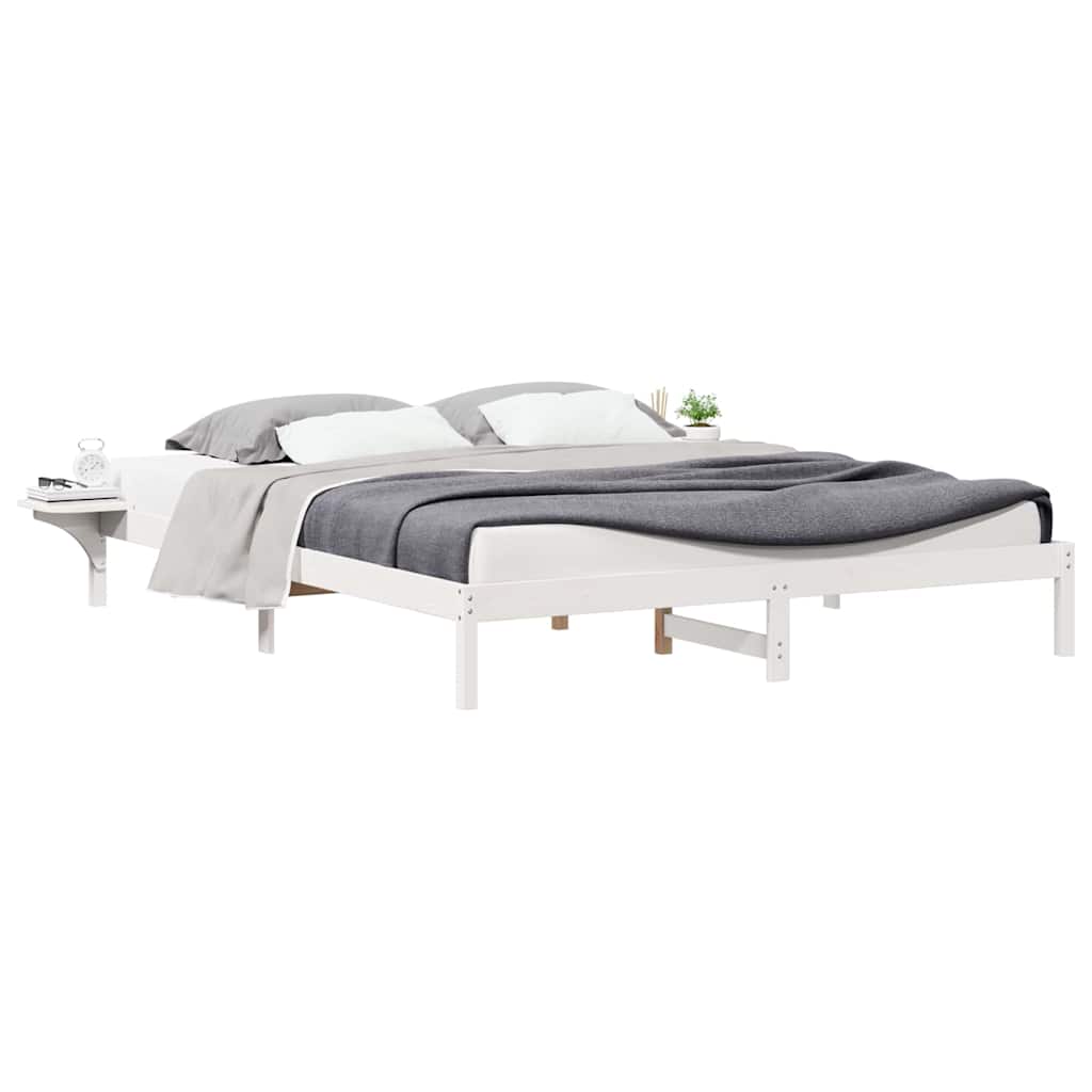 Sängram med sidobord Vit 200 x 210 cm Massiv furu