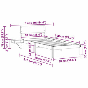 Sängram med huvudgavel Vit 90 x 200 cm Massiv furu