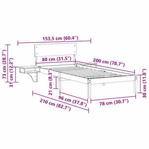 Sängram med huvudgavel Vit 80 x 200 cm Massiv furu