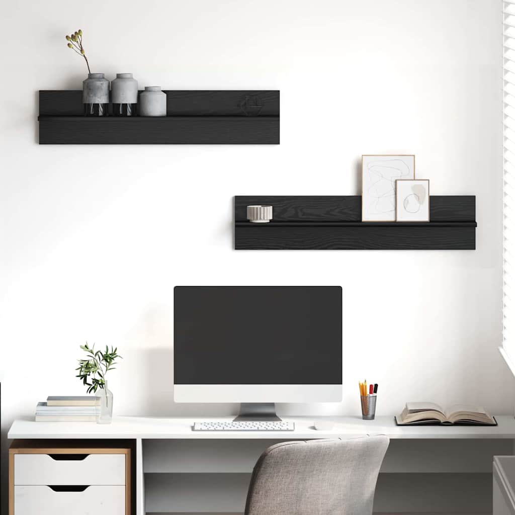 Vägg hylla 2 st Svart Ek 80 x 11,5 x 18 cm Konstruerat trä