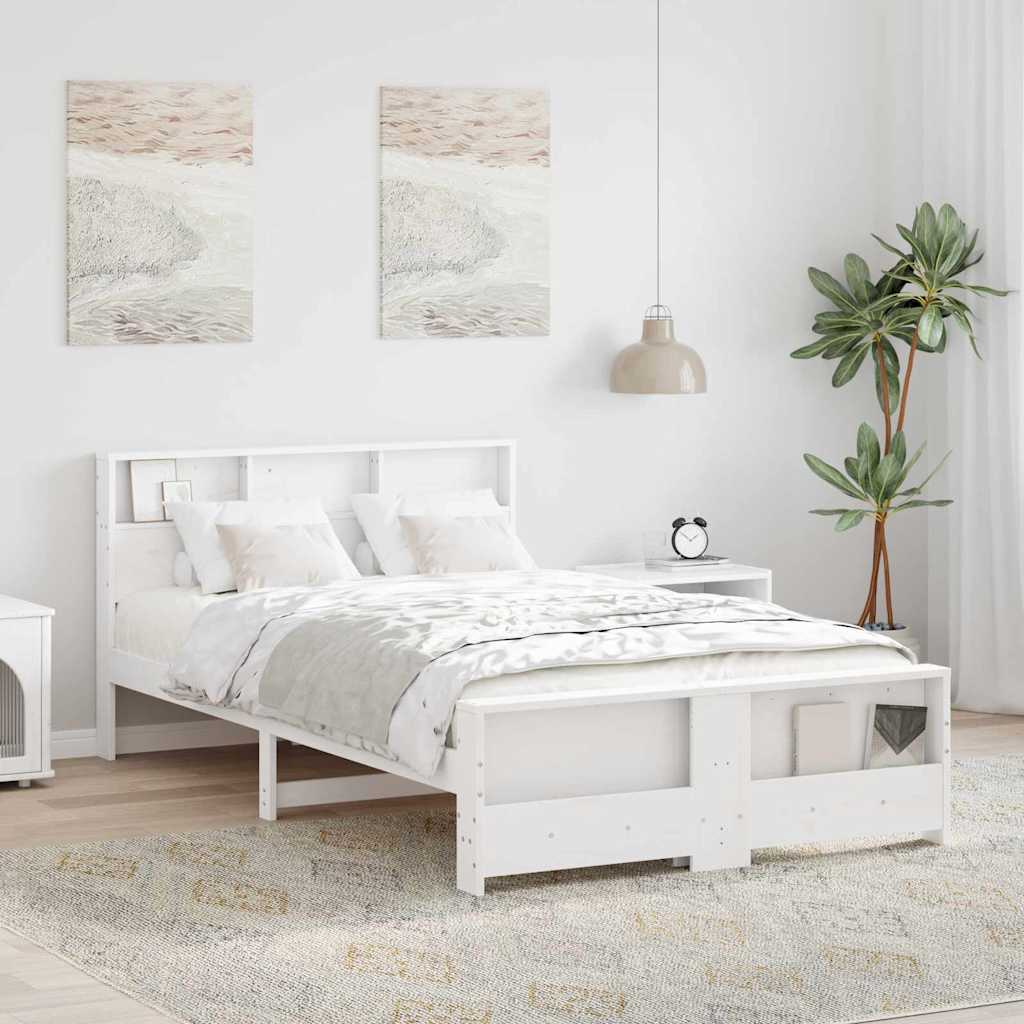 Sängram med hylla med huvudgavel Vit 120 x 200 cm Massivt furu