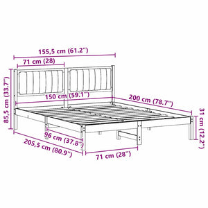 Sängram med Klädd Huvudgavel Mörkgrå 150 x 200 cm Massiv furu