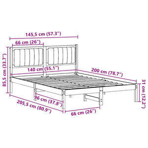 Sängram med Klädd Huvudgavel Svart 140 x 200 cm Massiv furu