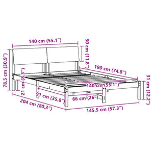Sängram med huvudgavel Vit och ljusgrå 140 x 190 cm Massiv furu